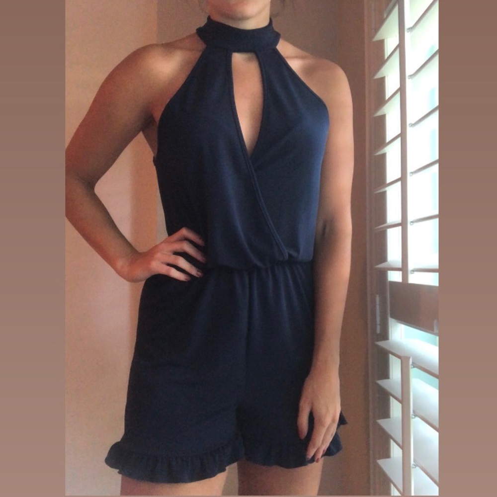 Navy Romper With Ruffled Bottom and Neck Cutout